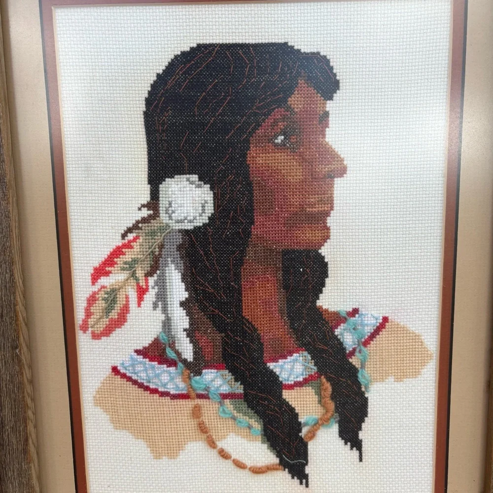 Needlepoint Counted Cross-stitch native American Indian Princess Maden Framed